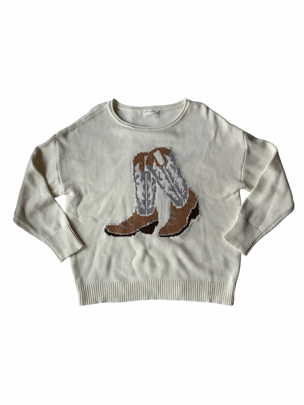 Blu Pepper Western Boot Jacquard Oversized Boat Neck Knit Sweater M